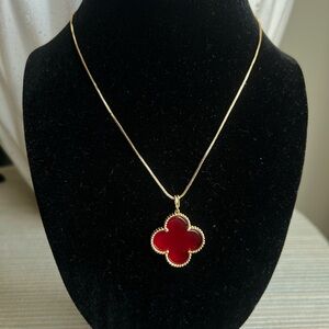 Gold and jelly Red Clover Pendant Necklace